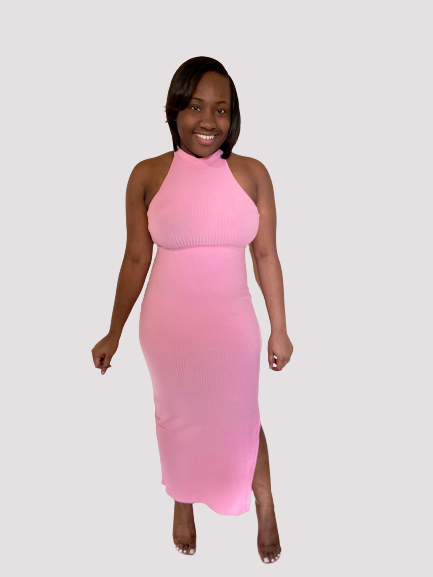 Pink ribbed maxi dress, side slit, mock neck